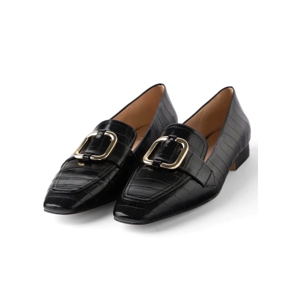 Zara Loafers Black Croc Embossed Buckle Square Toe Flat Shoes Women Size EU 35